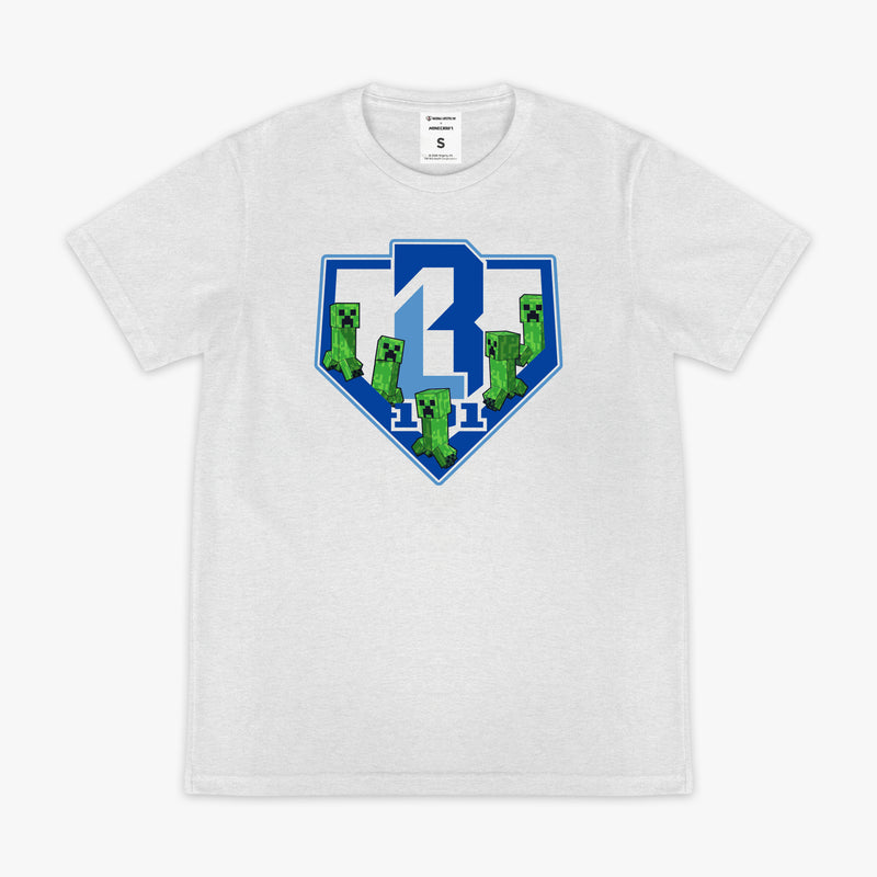 Gray graphic tee with "BL101 X Minecraft Enemy Mob" design — front view