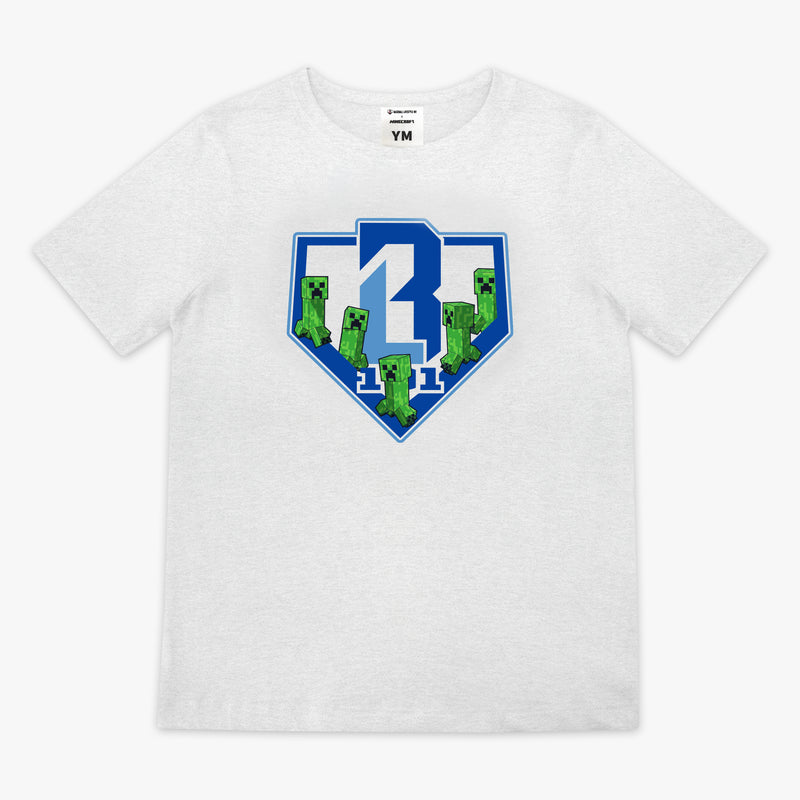 Gray youth graphic tee with "BL101 X Minecraft Enemy Mob" design — front view