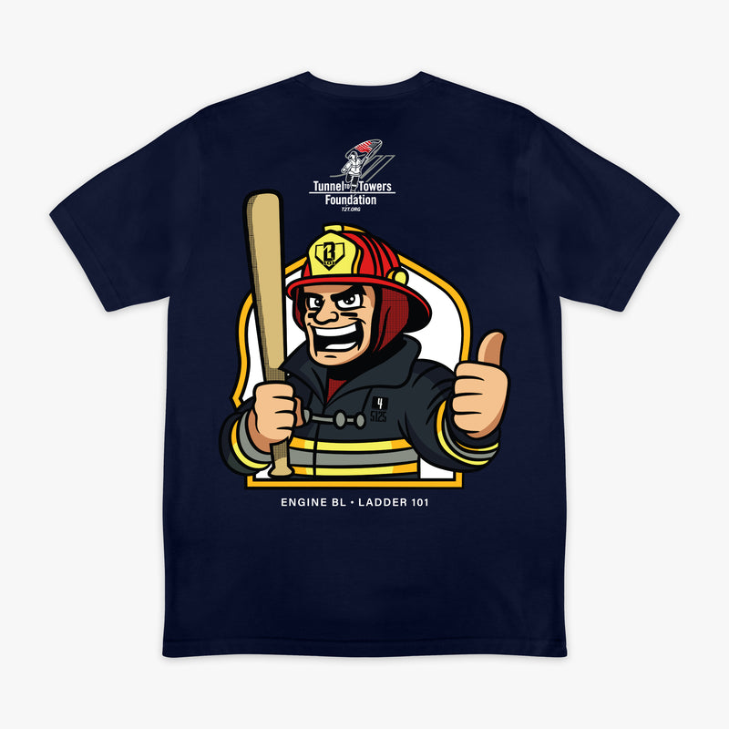 Navy graphic tee with "BL101 X Tunnel to Towers Foundation" design — back view