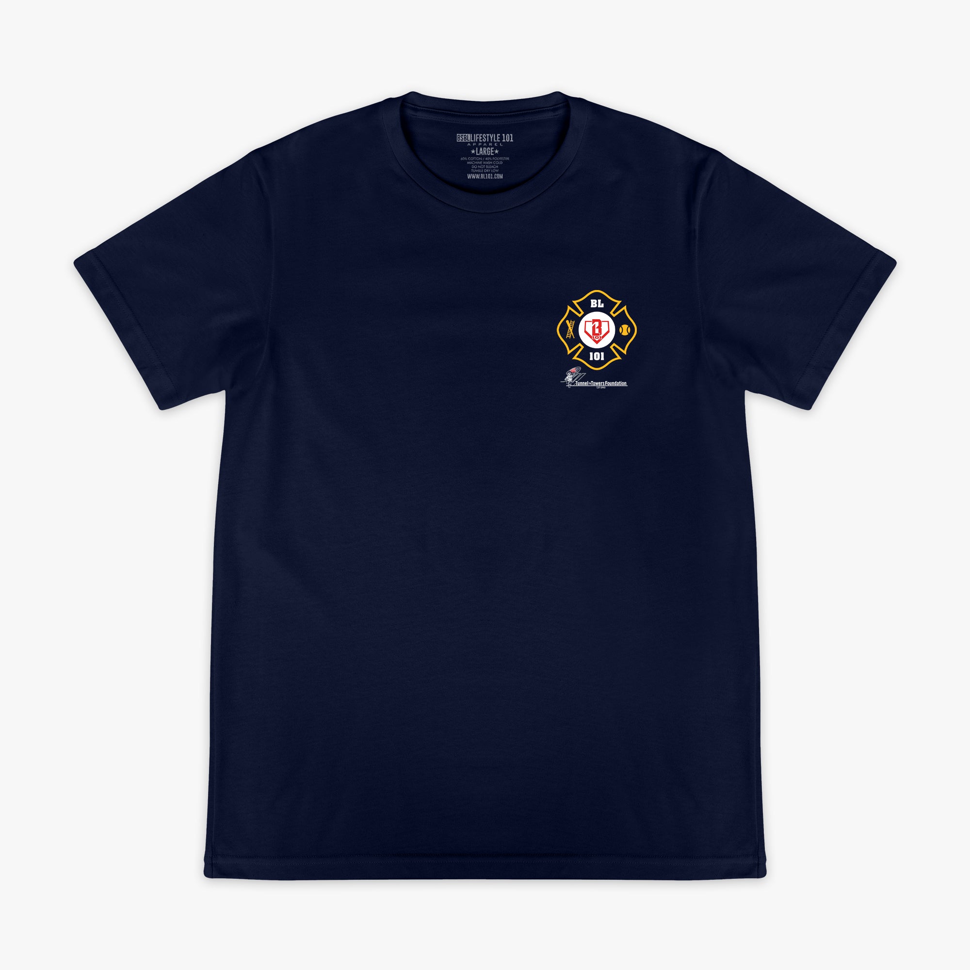 Navy graphic tee with "BL101 X Tunnel to Towers Foundation" design — front view