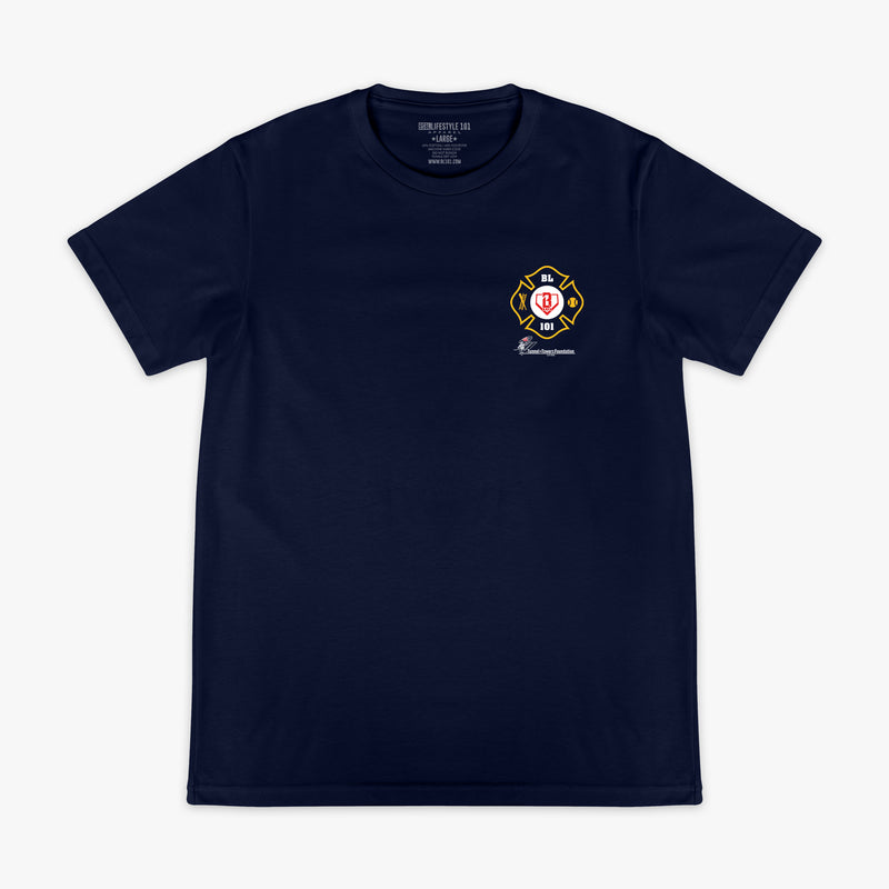 Navy graphic tee with "BL101 X Tunnel to Towers Foundation" design — front view