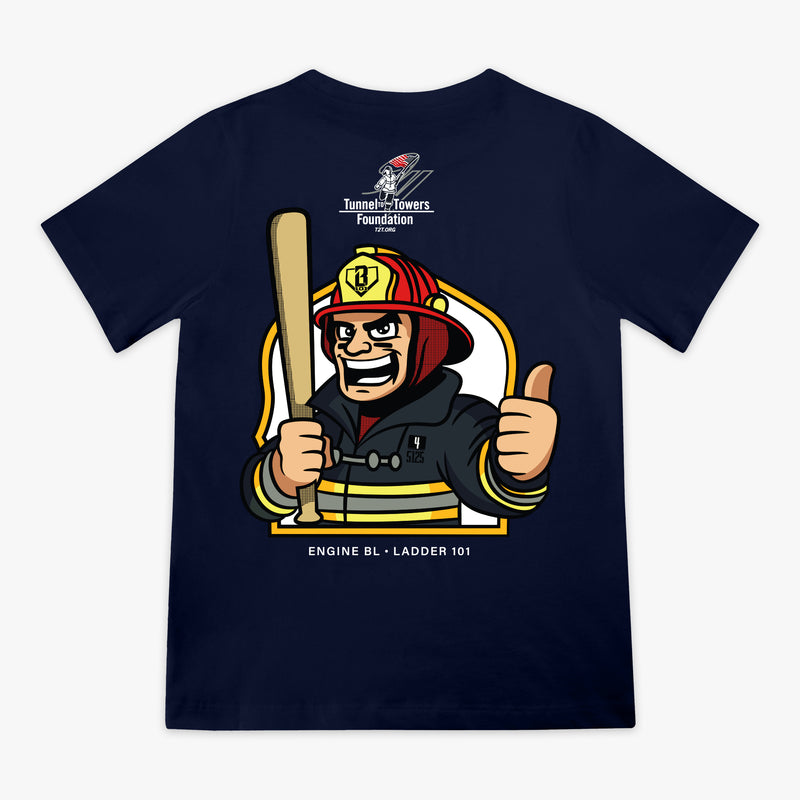 Navy youth graphic tee with "BL101 X Tunnel to Towers Foundation" design — back view