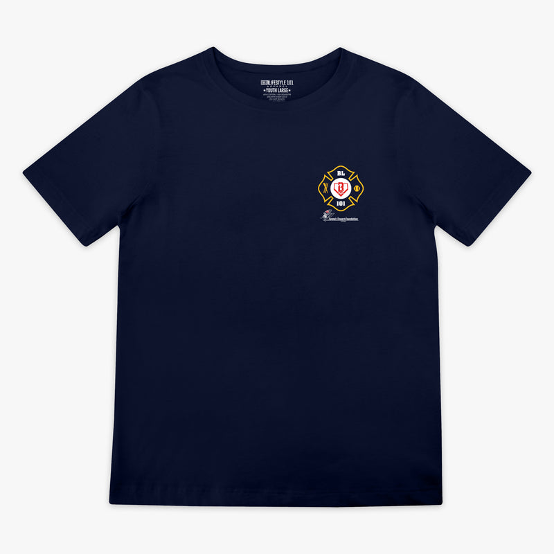 Navy youth graphic tee with "BL101 X Tunnel to Towers Foundation" design — front view
