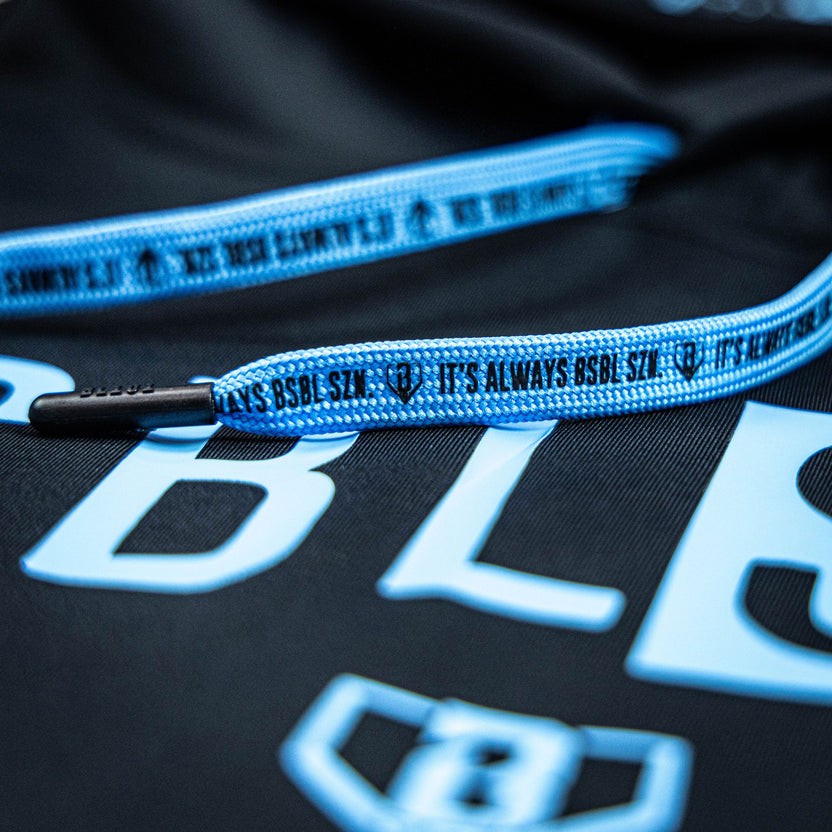 BSBL-SZN Short Sleeve Hoodie V3 - Black/Light Blue - Baseball Lifestyle 101