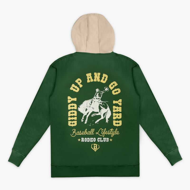 Green hoodie with yellow 'Giddy Up and Go Yard Baseball Lifestyle Rodeo Club' text and horse graphic on the back, on a white background