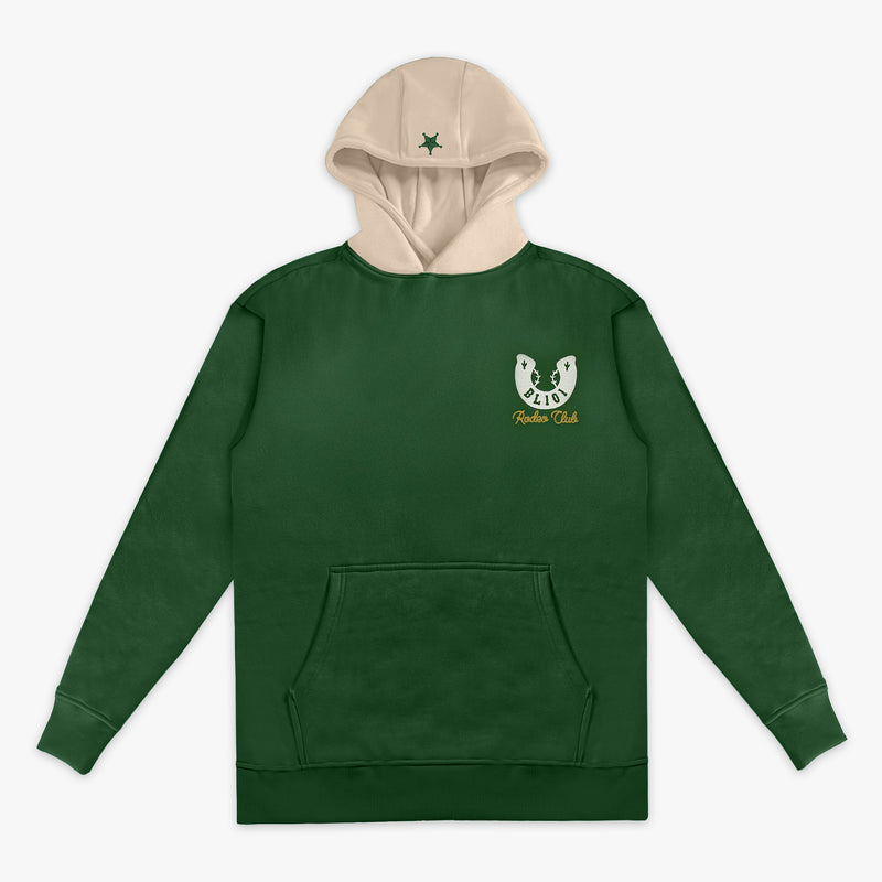 Green hoodie with a logo on the chest against a white background