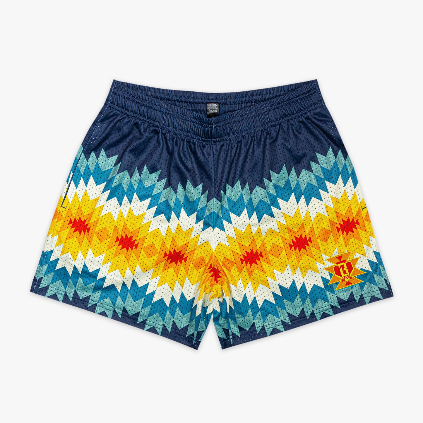 Colorful patterned shorts  with BL101 logo on a white background