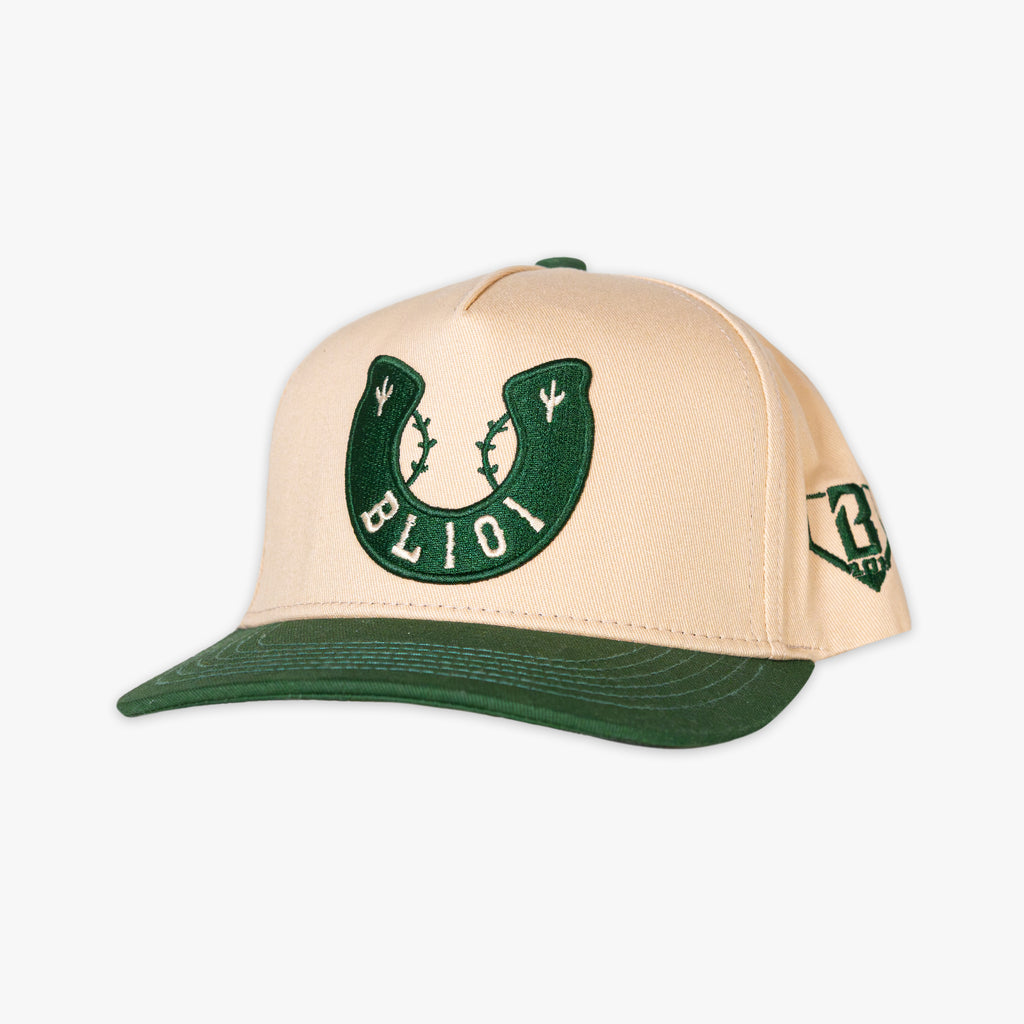 Beige and green cap with horseshoe BL101 logo on a white background
