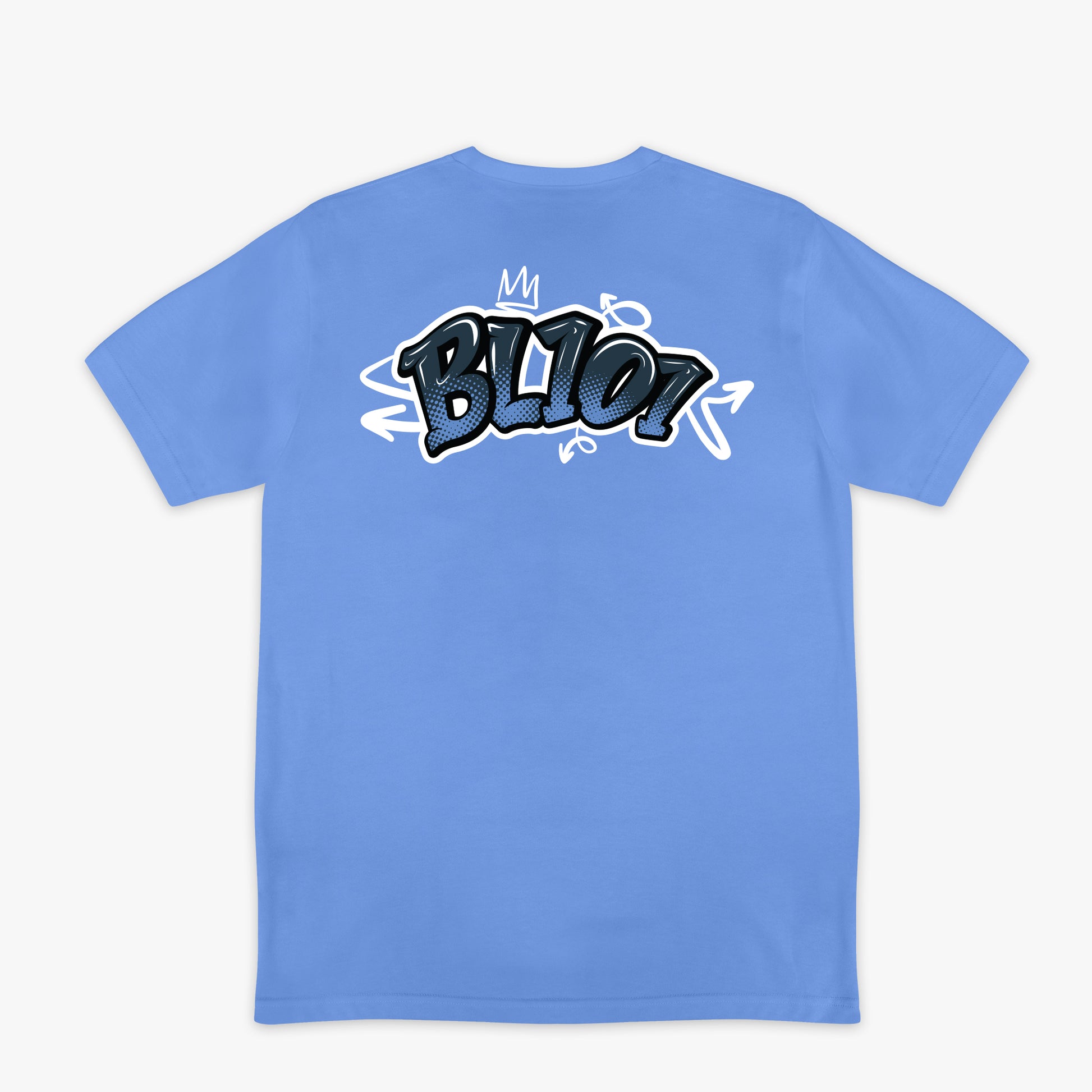Light blue t-shirt with graffiti style 'BL101' graphic on the back against a white background