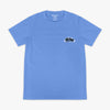 Blue t-shirt with a graffiti style 'BL101' logo on to[p corner against a white background