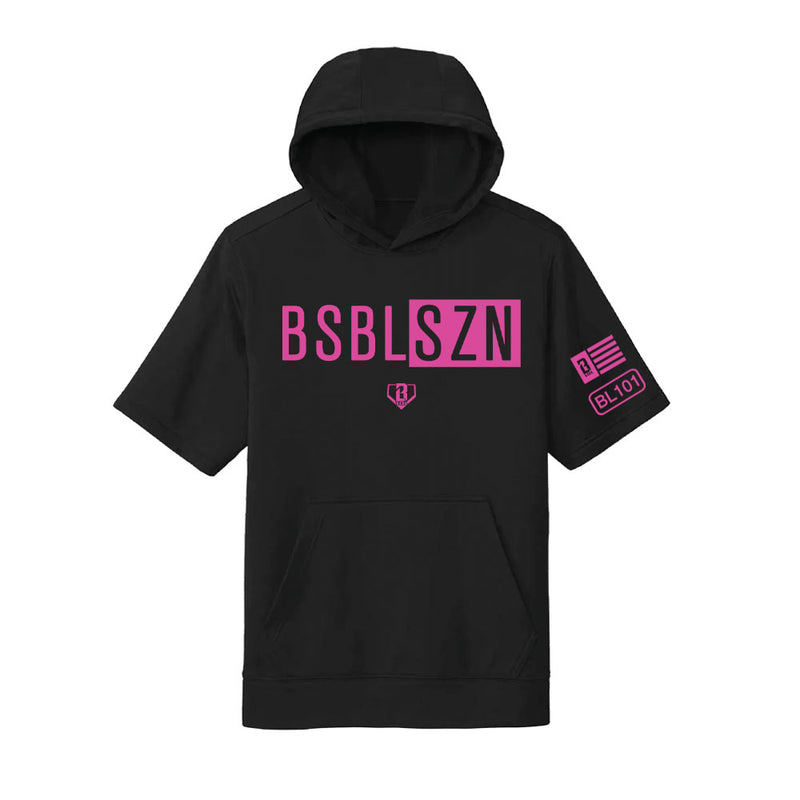 Black and pink BSBL-SZN youth short sleeve hoodie - front view