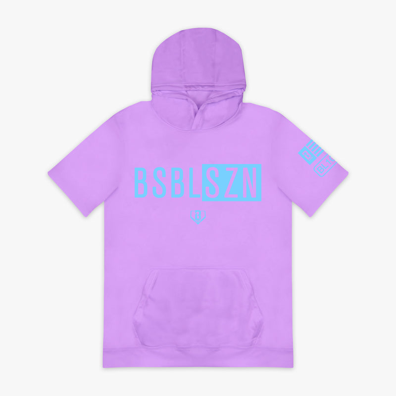 Lavender and light blue BSBL-SZN youth short sleeve hoodie — front view