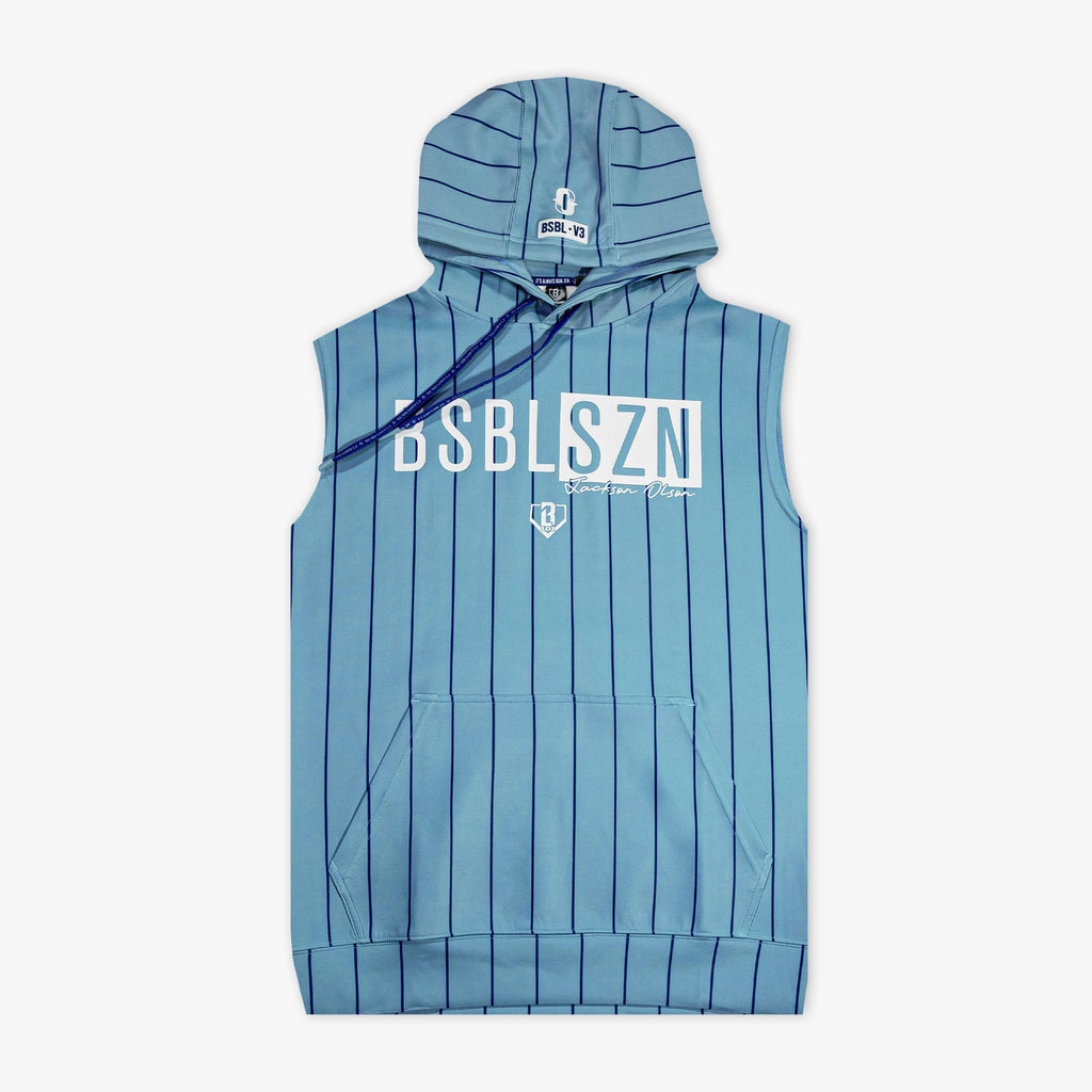 Blue sleeveless hoodie with pinstripes and visible branding on a white background