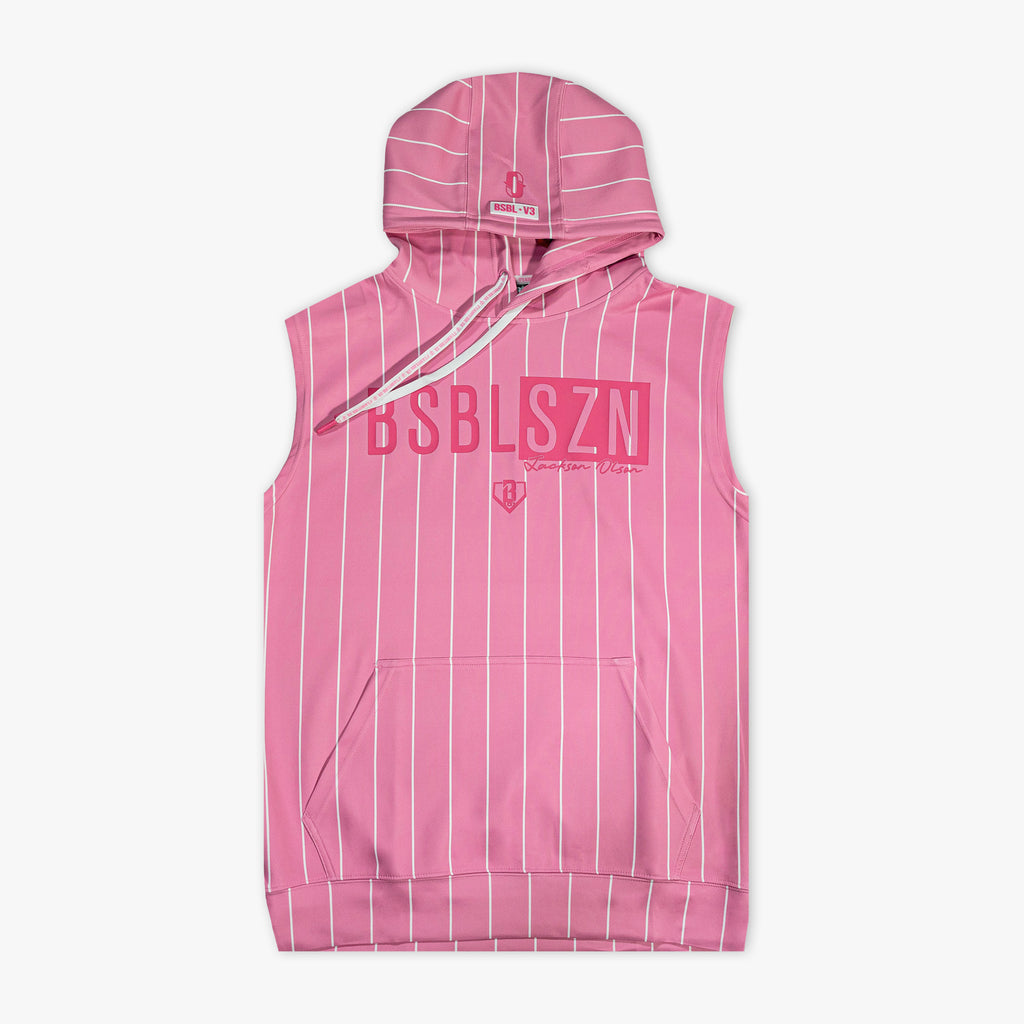 Pink sleeveless hoodie with white stripes and branding on a white background