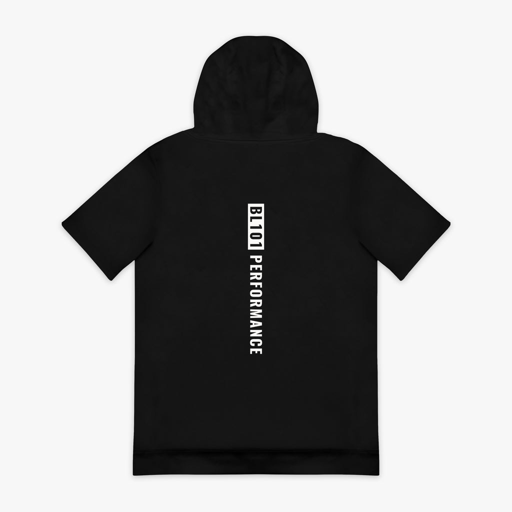 Black and white BSBL-SZN short sleeve hoodie — back view