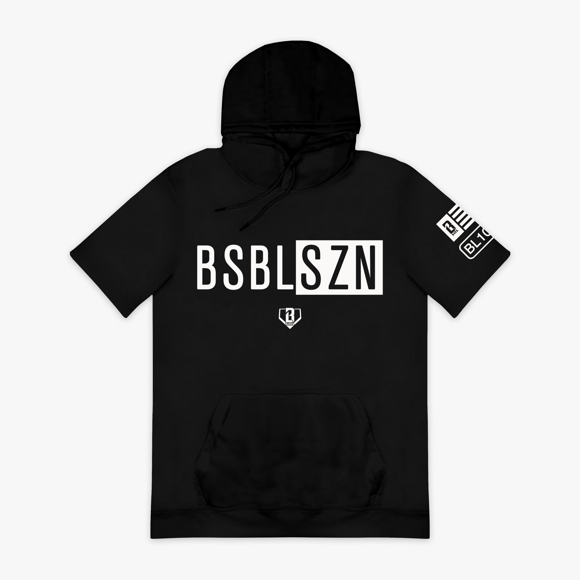 Black and white BSBL-SZN short sleeve hoodie — front view