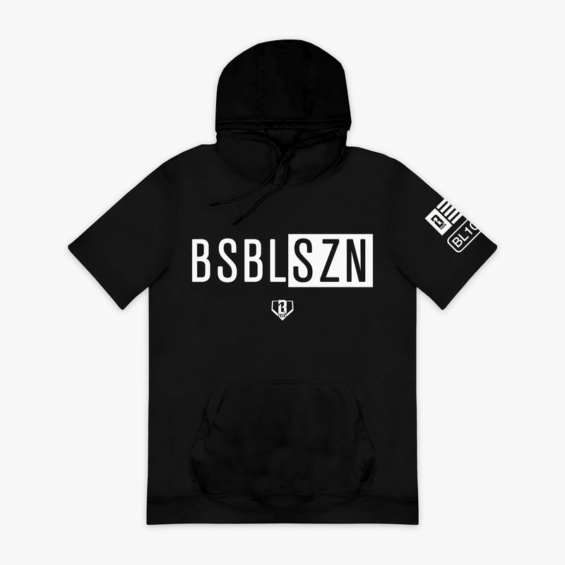 Black and white BSBL-SZN short sleeve hoodie — front view