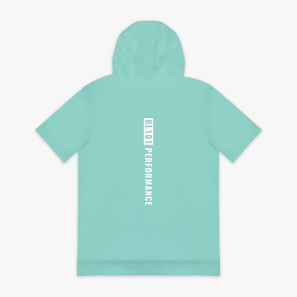 Mint and white BSBL-SZN short sleeve hoodie — back view