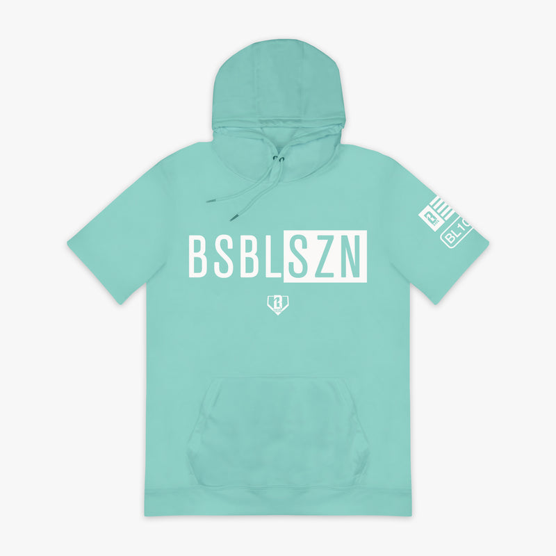 Mint and white BSBL-SZN short sleeve hoodie — front view