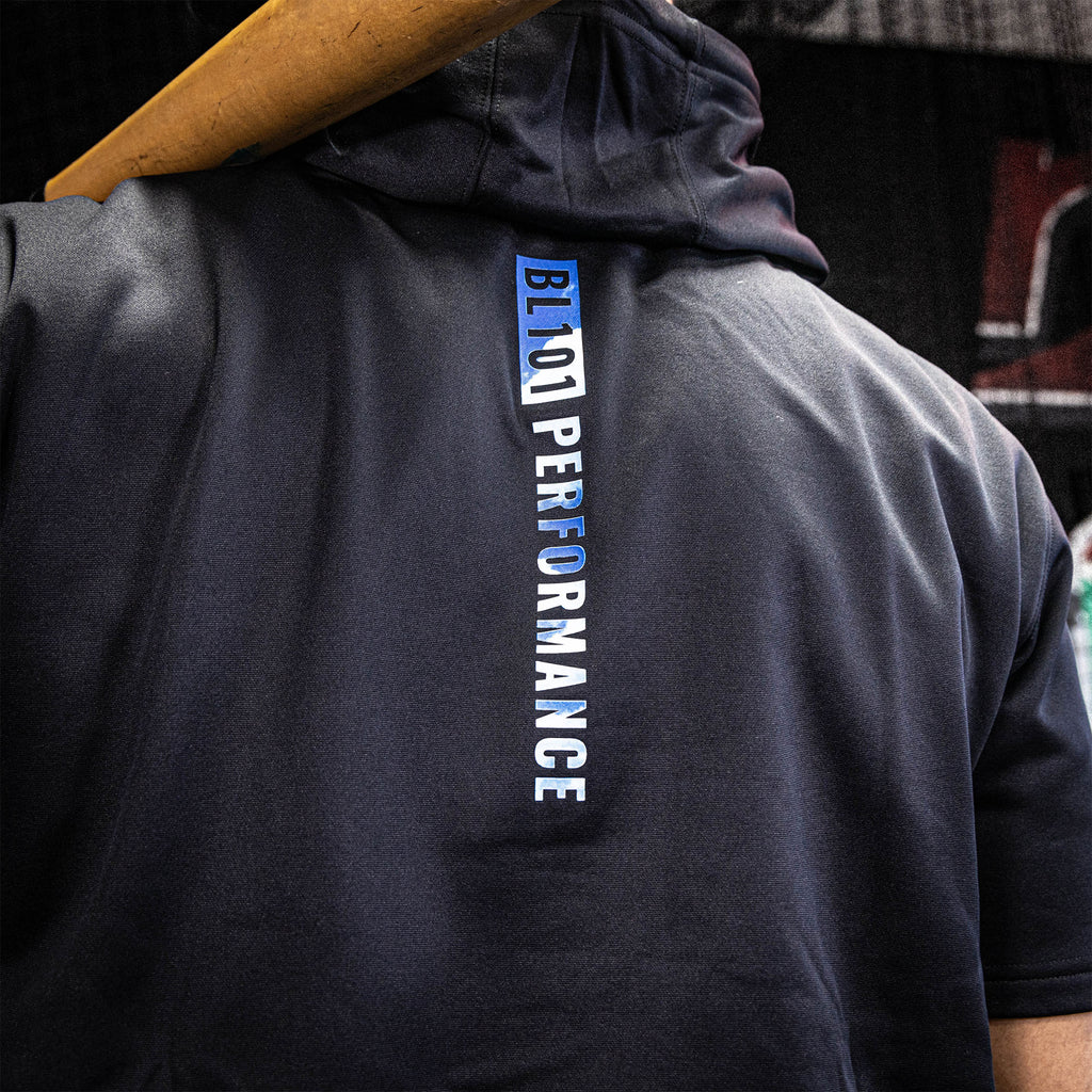 Adult model wearing blue BSBL-SZN Dream Chaser short sleeve hoodie