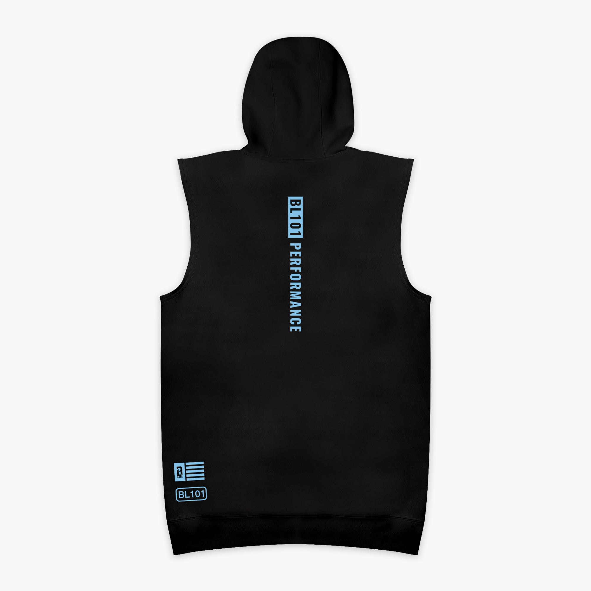 Black and light blue BSBL-SZN Sleeveless hoodie — back view