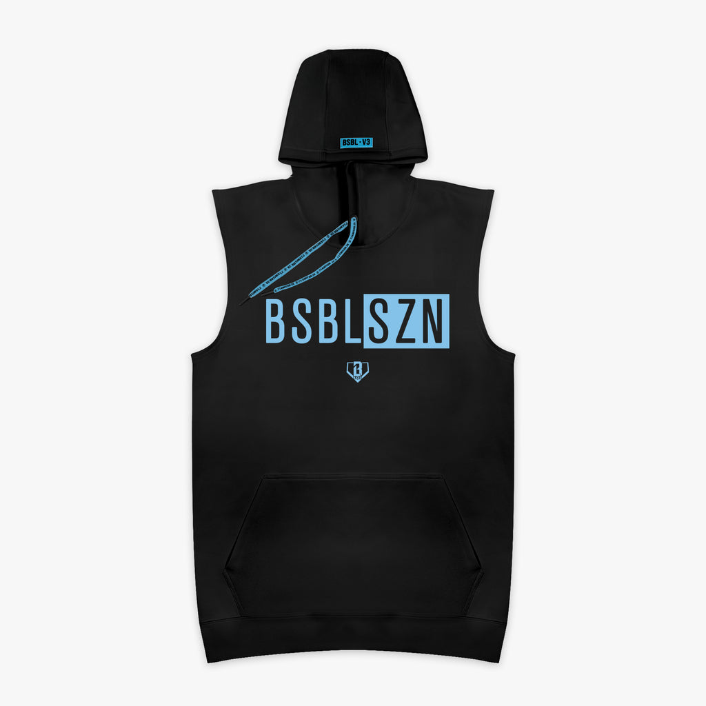 Black and light blue BSBL-SZN Sleeveless hoodie — front view