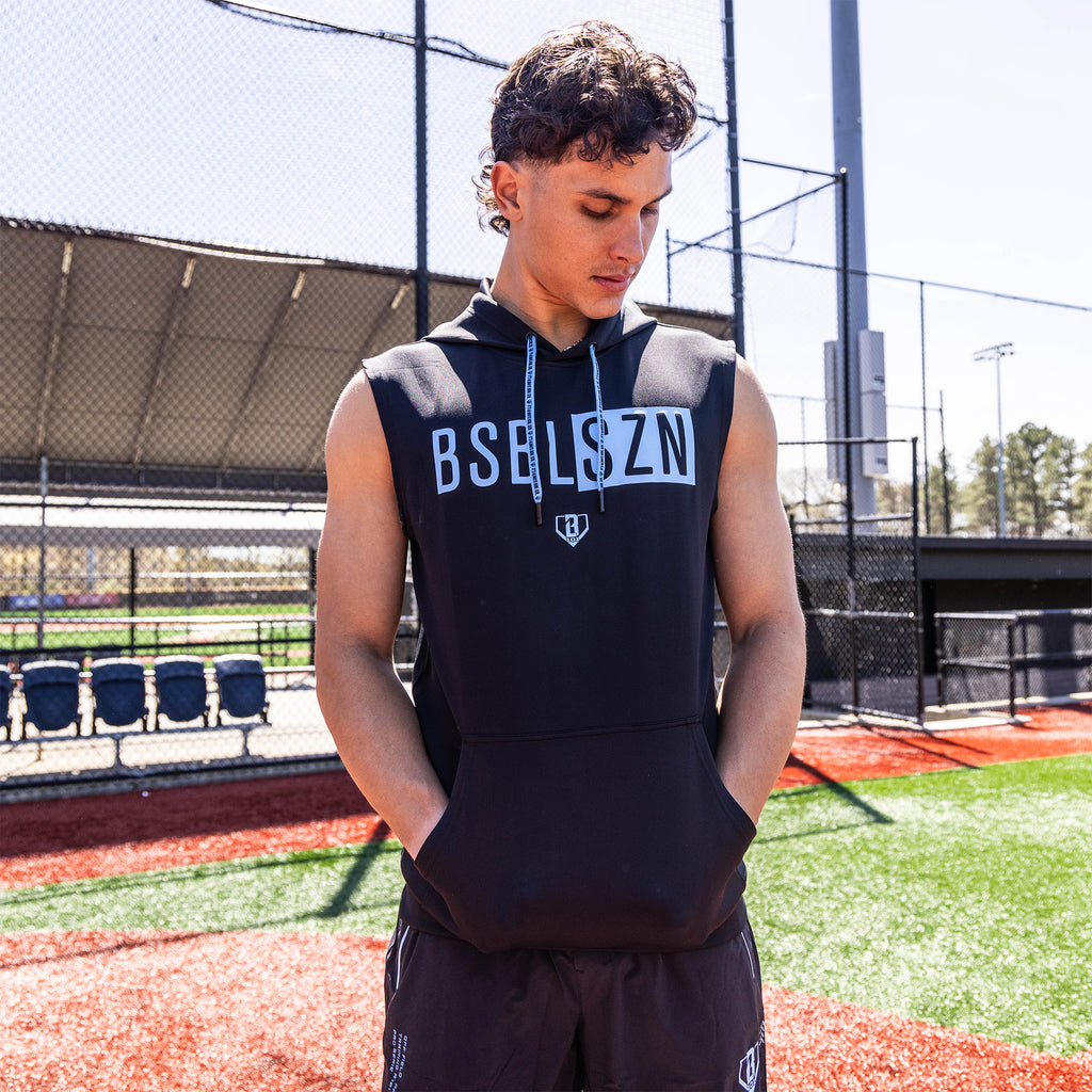 Adult model wearing black and light blue BSBL-SZN Sleeveless hoodie
