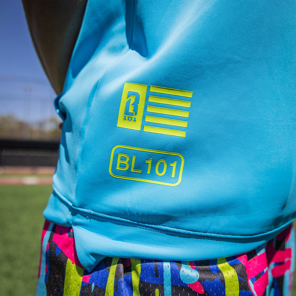 Adult model wearing blue BSBL-SZN Sleeveless Highlighter Blue hoodie