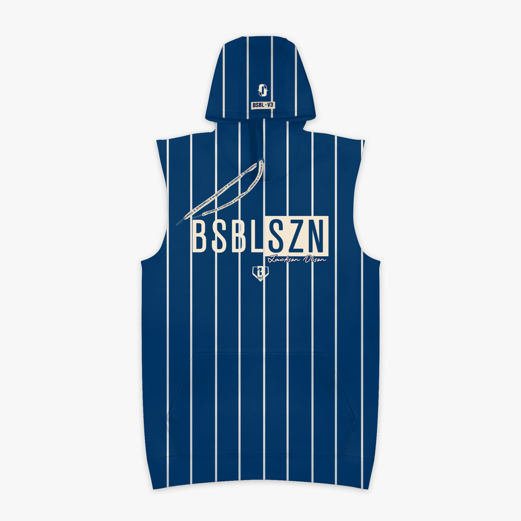 Blue hoodie with white stripes and 'BSBL SZN Jackson Olson' text