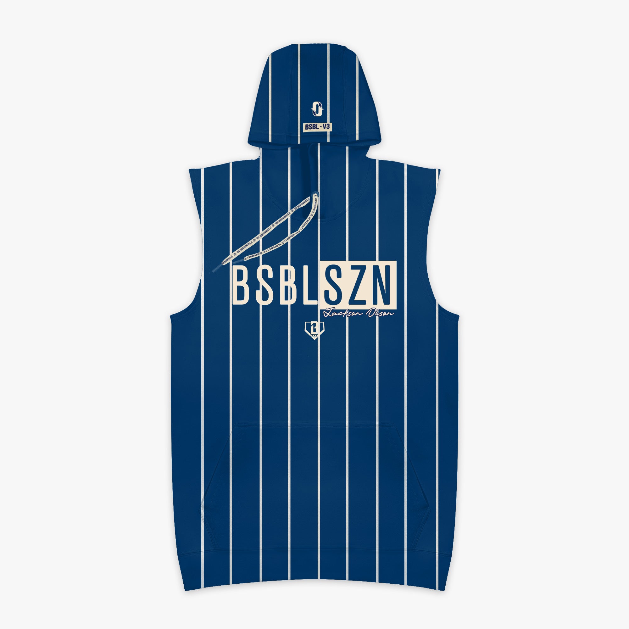 Blue hoodie with white stripes and 'BSBL SZN Jackson Olson' text