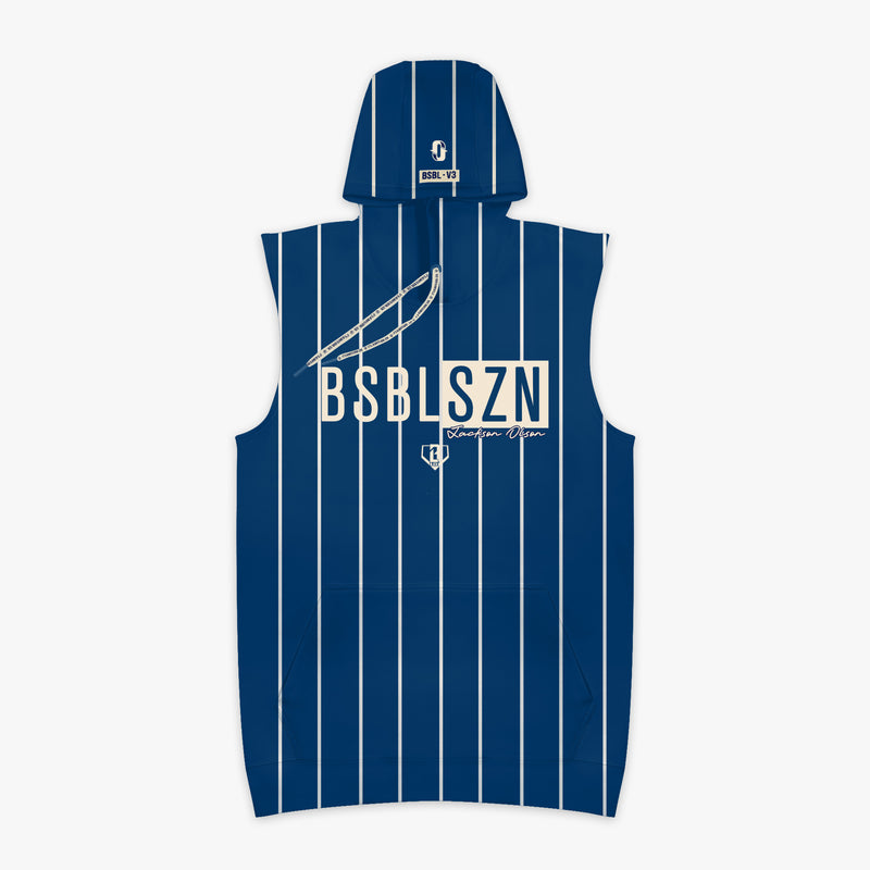 Blue hoodie with white stripes and 'BSBL SZN Jackson Olson' text