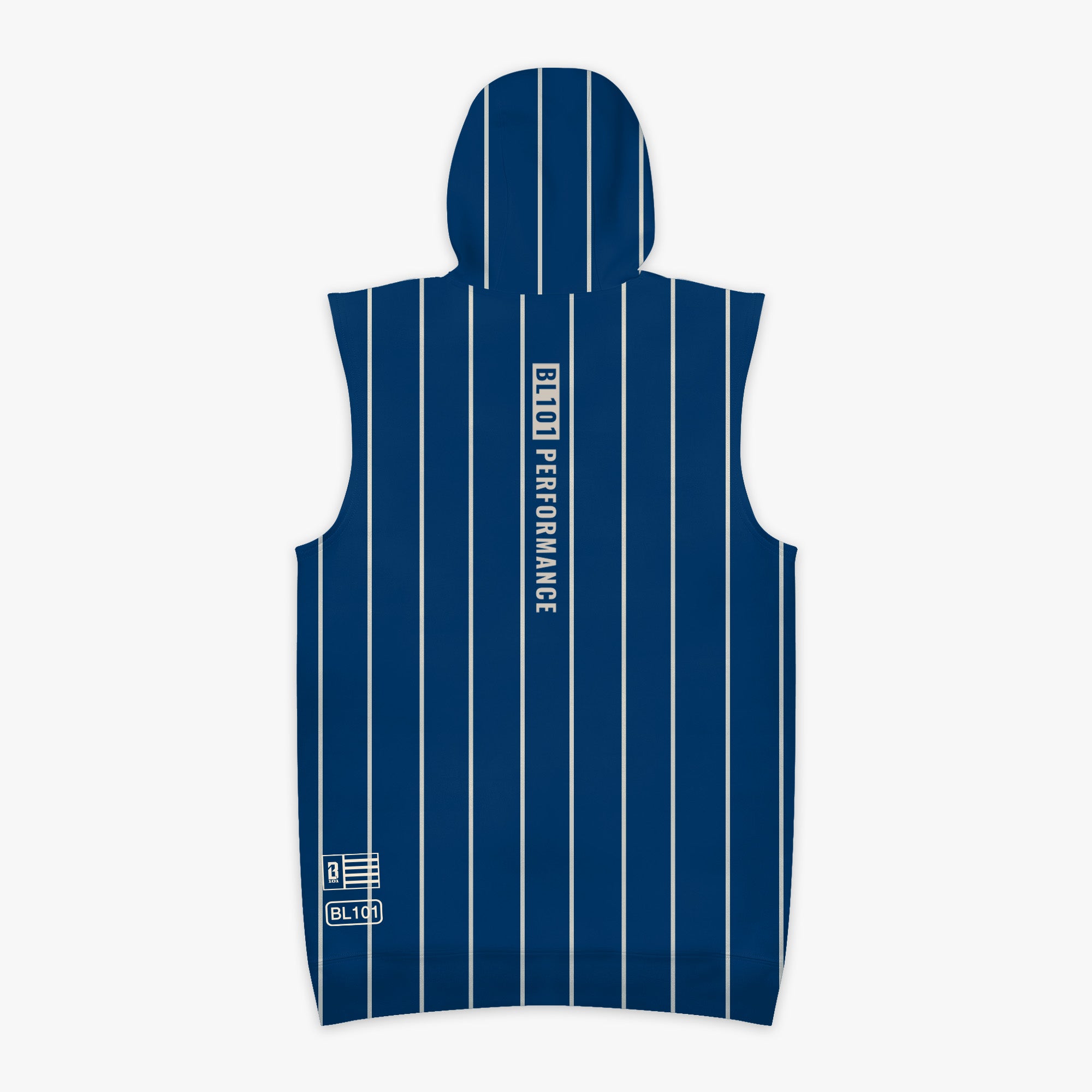 Blue and white striped sleeveless hoodie with 'BL101 PERFORMANCE' text on a white background