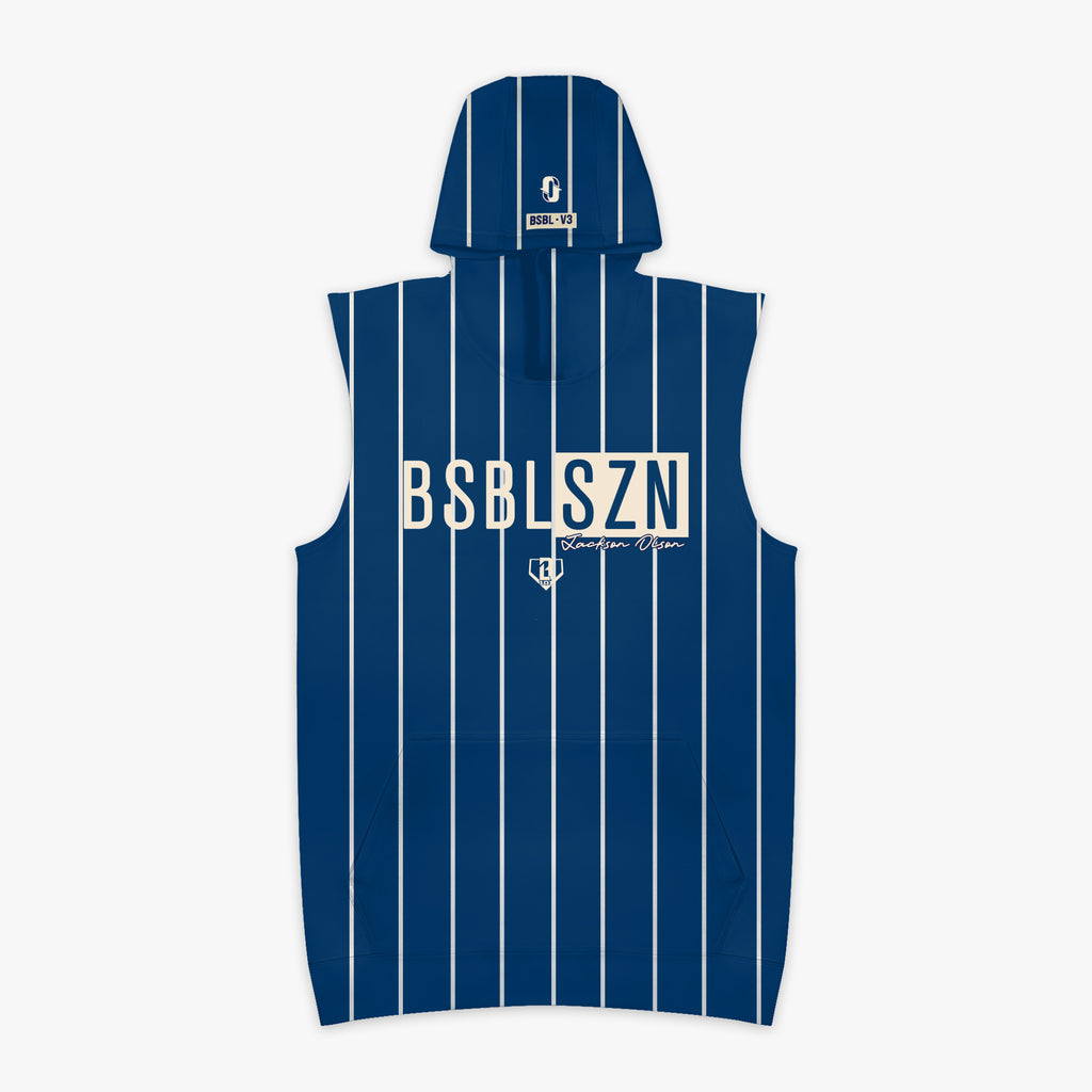 Blue and white striped sleeveless hoodie with 'BSBLSZN Jackson Olson' text on a white background