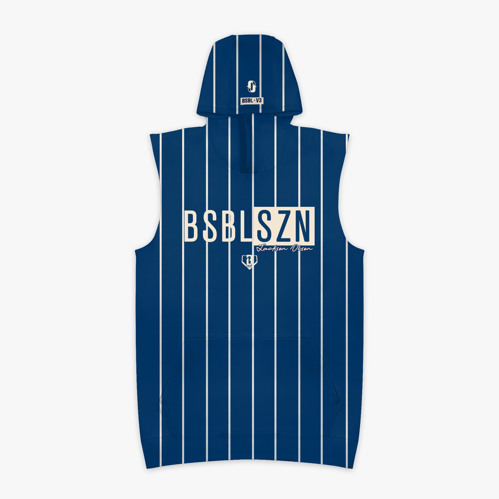 Blue and white striped sleeveless hoodie with 'BSBLSZN Jackson Olson' text on a white background