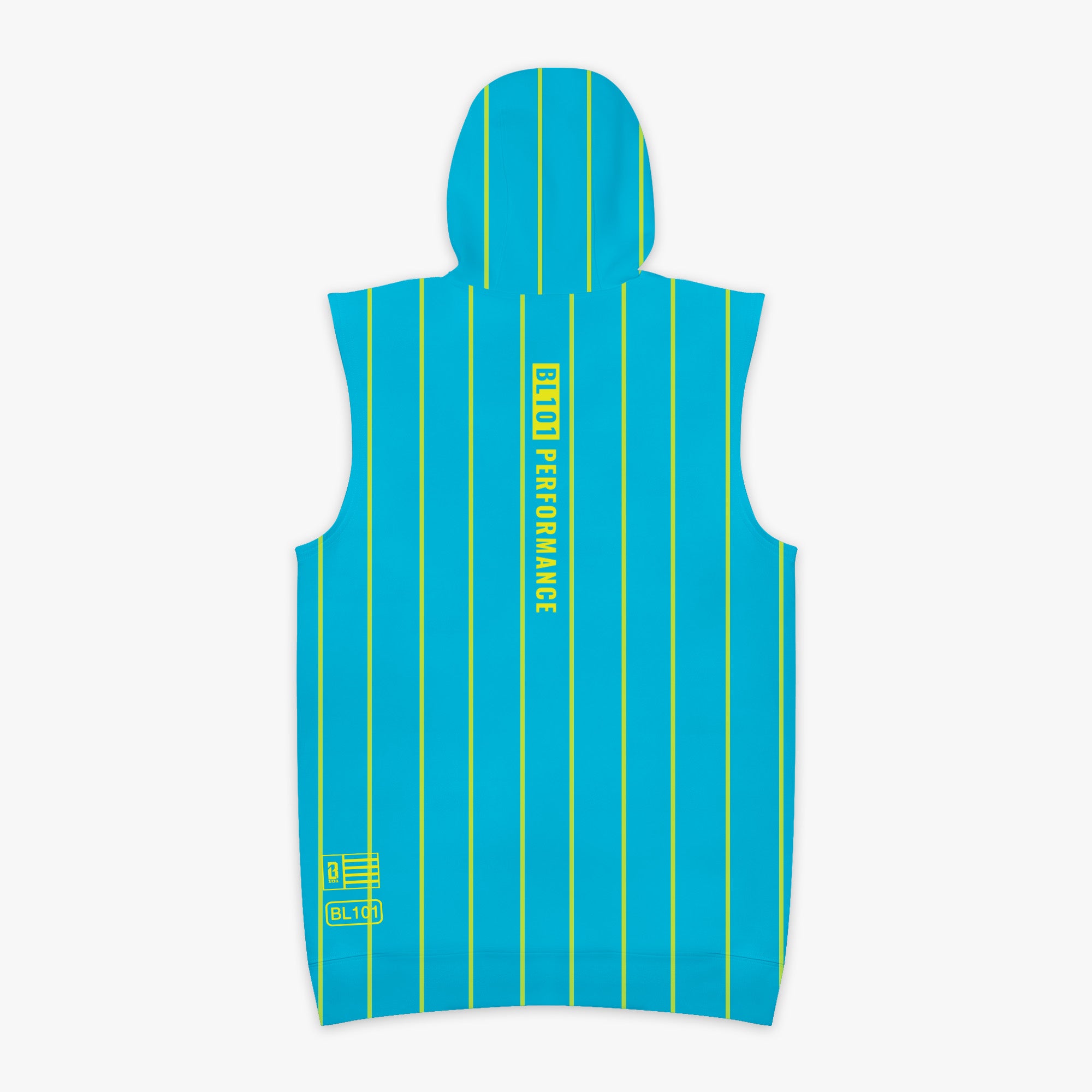 Blue sleeveless hoodie with yellow stripes and 'BL101 PERFORMANCE' text on a white background