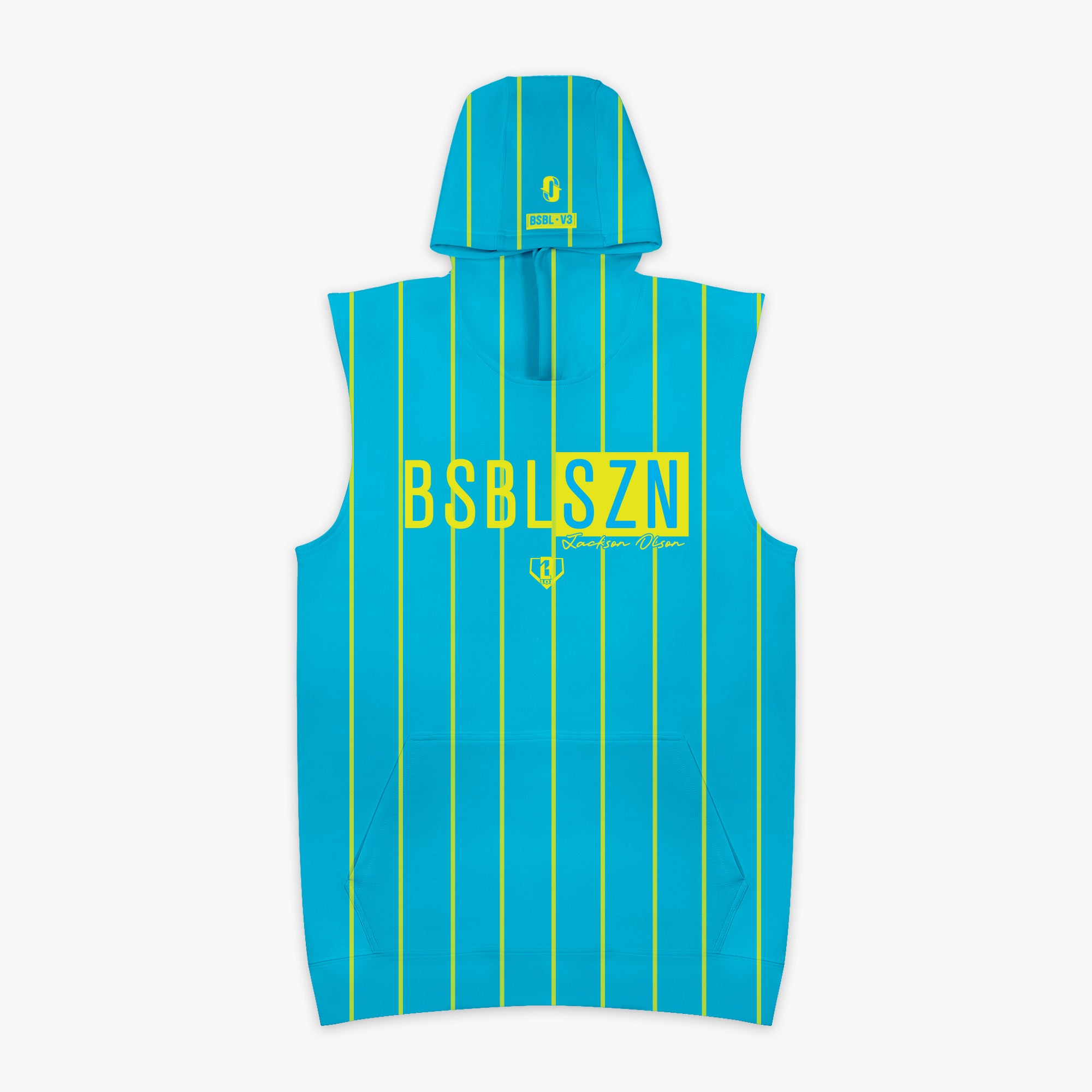 Blue sleeveless hoodie with yellow stripes and 'BSBLSZN Jackson Olson' text on a white background