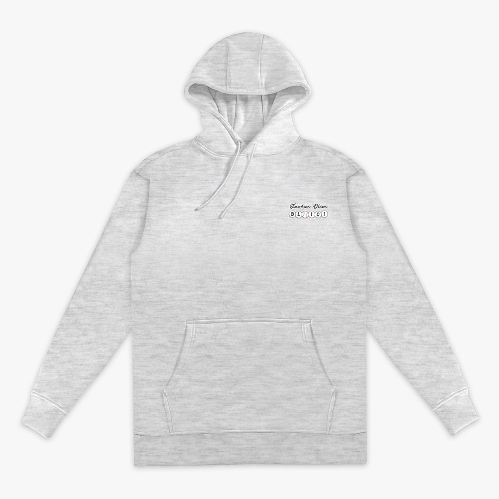 Gray hoodie with a brand logo on a white background