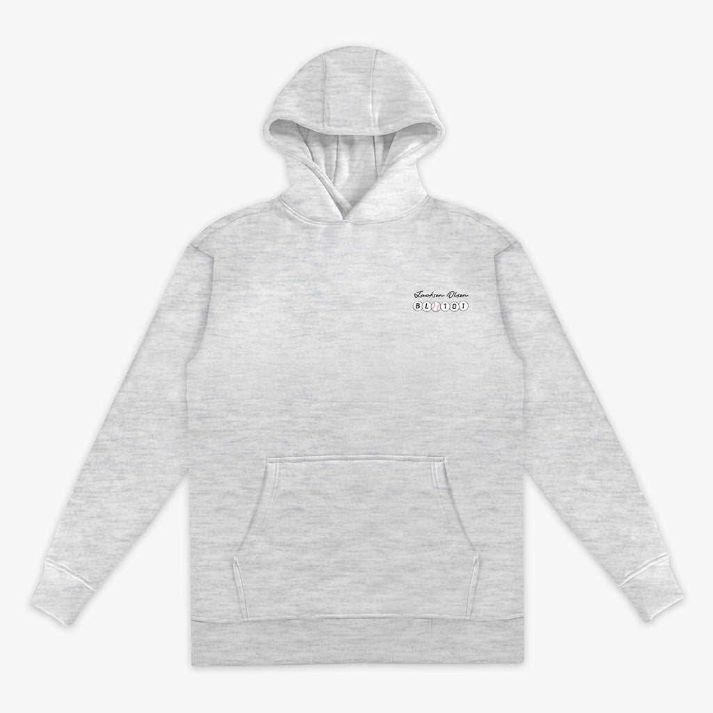 Gray hoodie with a Jackson Olson BL101  logo on a white background