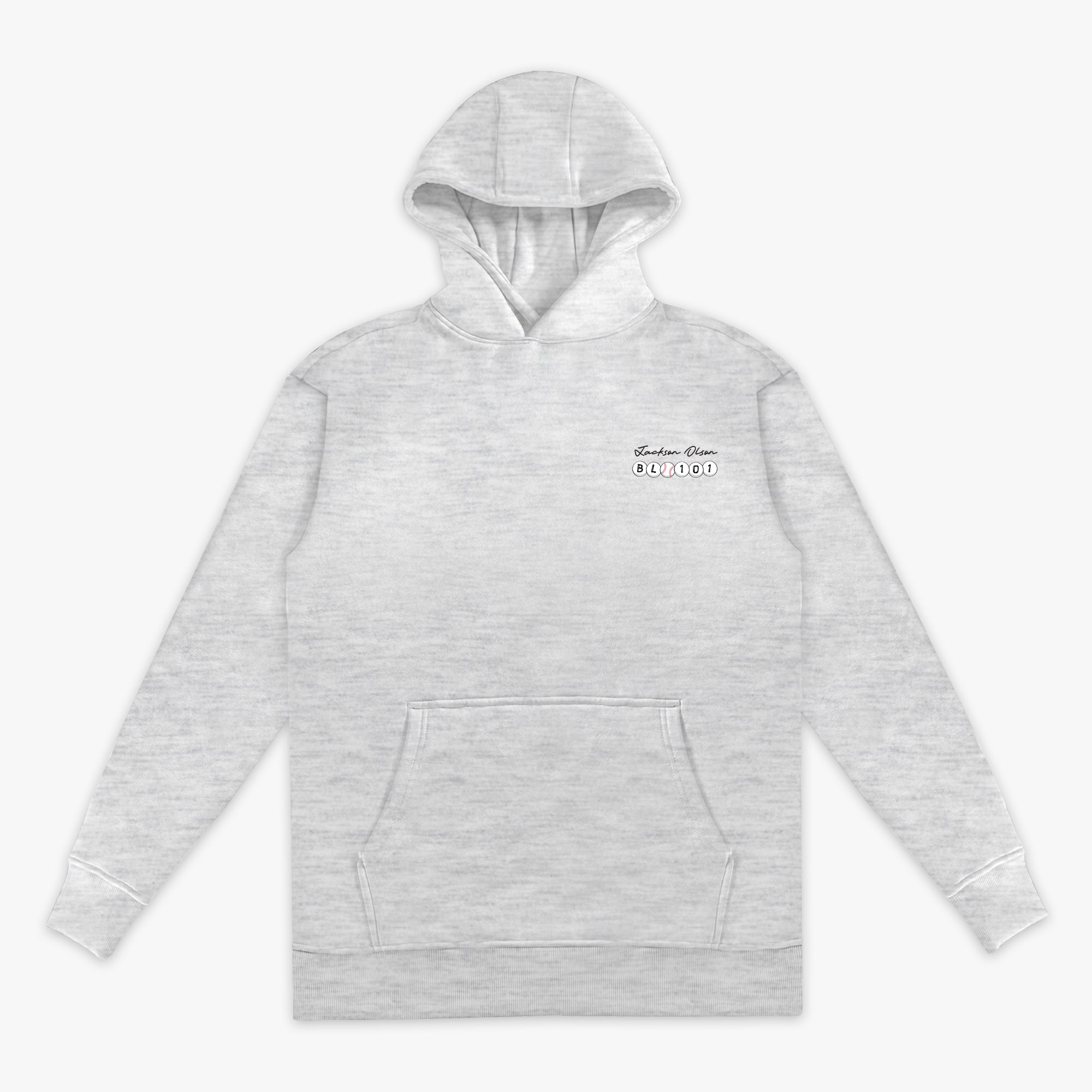 Gray hoodie with a Jackson Olson BL101  logo on a white background