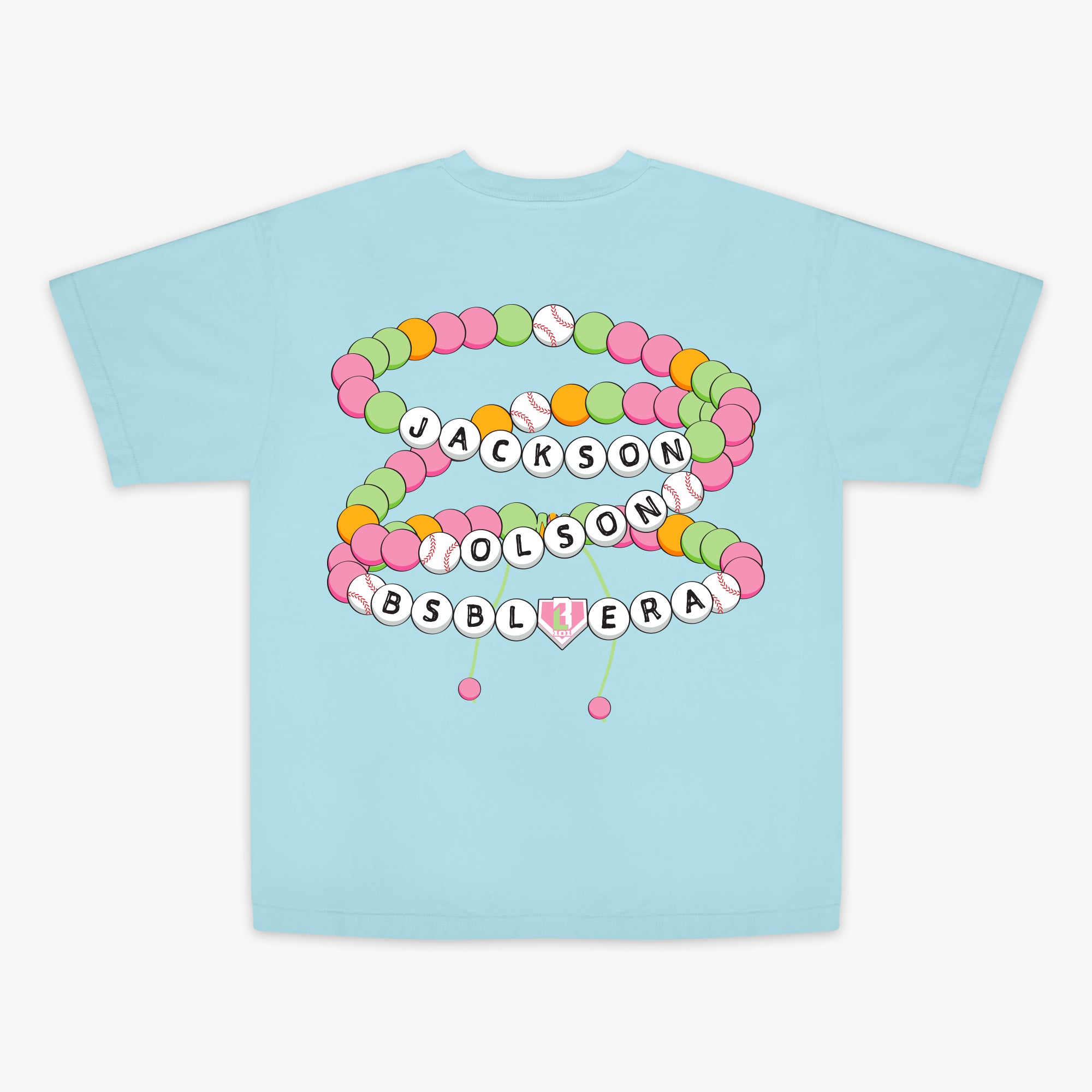 Light blue t-shirt with colorful letter beads and "Jackson Olson BSBL Era" text design on a white background