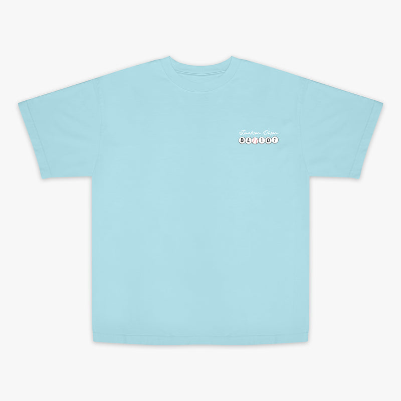 Light blue t-shirt with a logo on a white background
