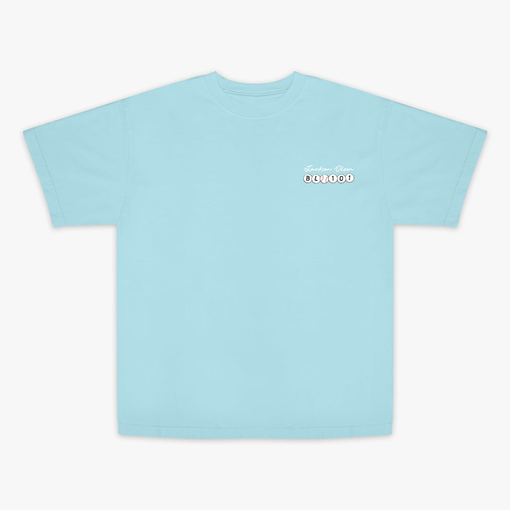 Light blue t-shirt with a logo on a white background