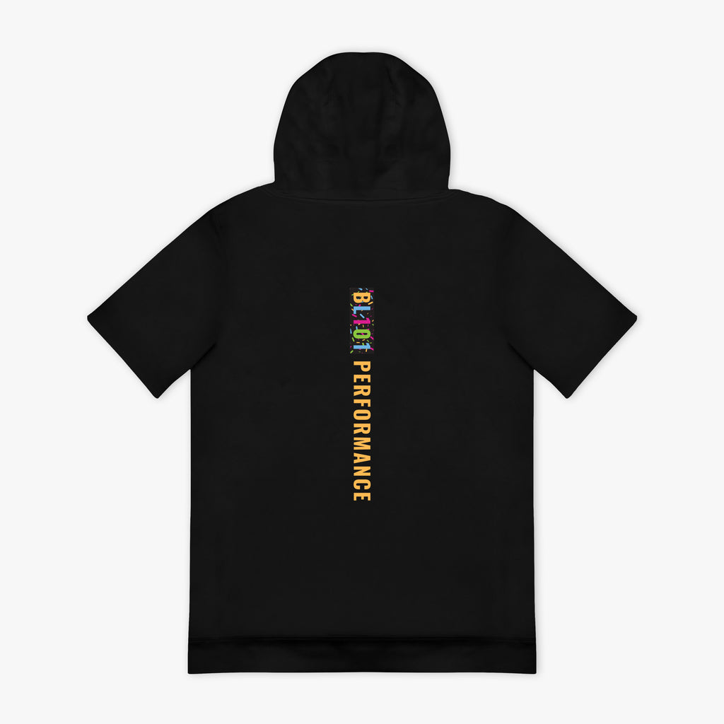 Black hoodie with colorful 'BL101 PERFORMANCE' text on the back against a white background