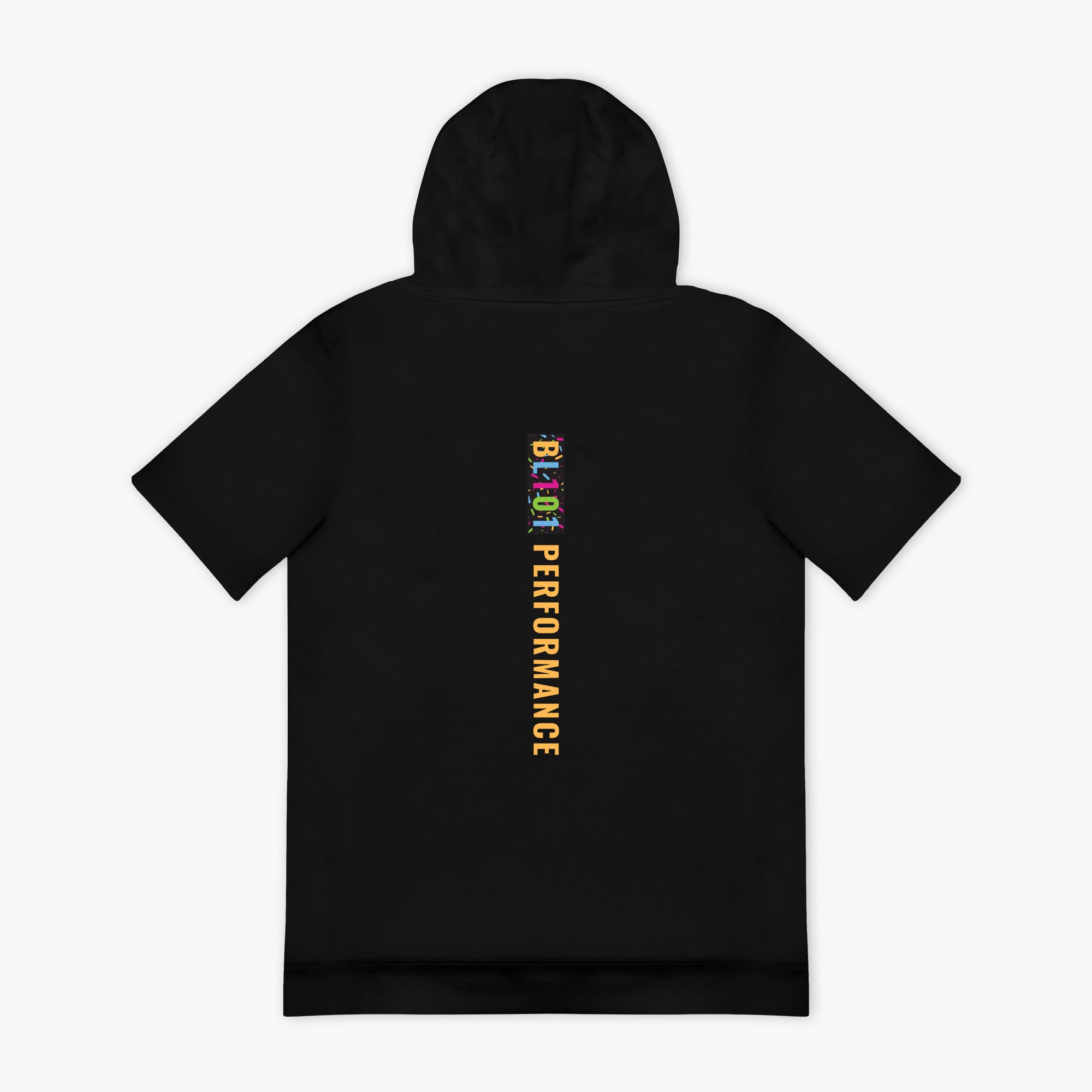 Black hoodie with colorful 'BL101 PERFORMANCE' text on the back against a white background