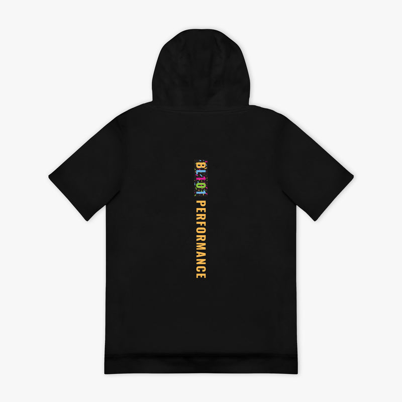 Black hoodie with colorful 'BL101 PERFORMANCE' text on the back against a white background