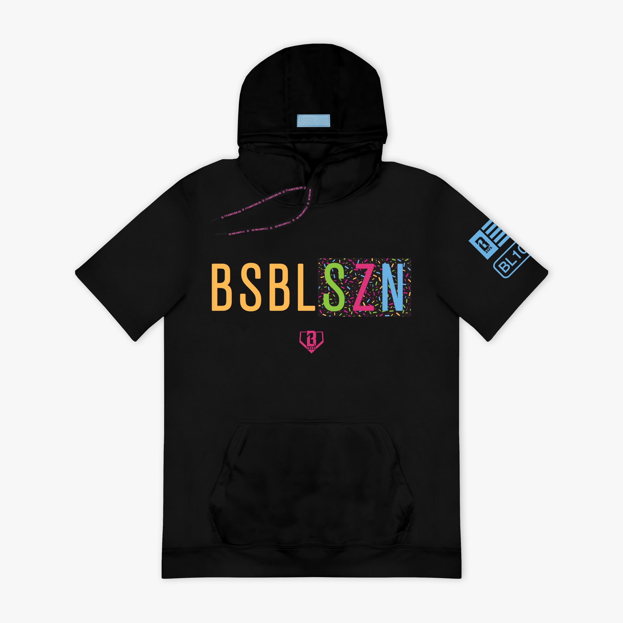 Black hoodie with colorful 'BSBL SZN' text and logo on a white background