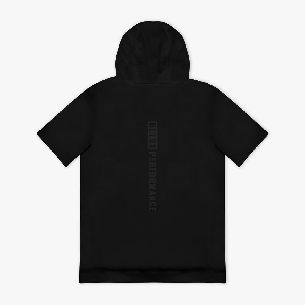 Black hoodie with a Black 'BL101 PERFORMANCE' text on the back
