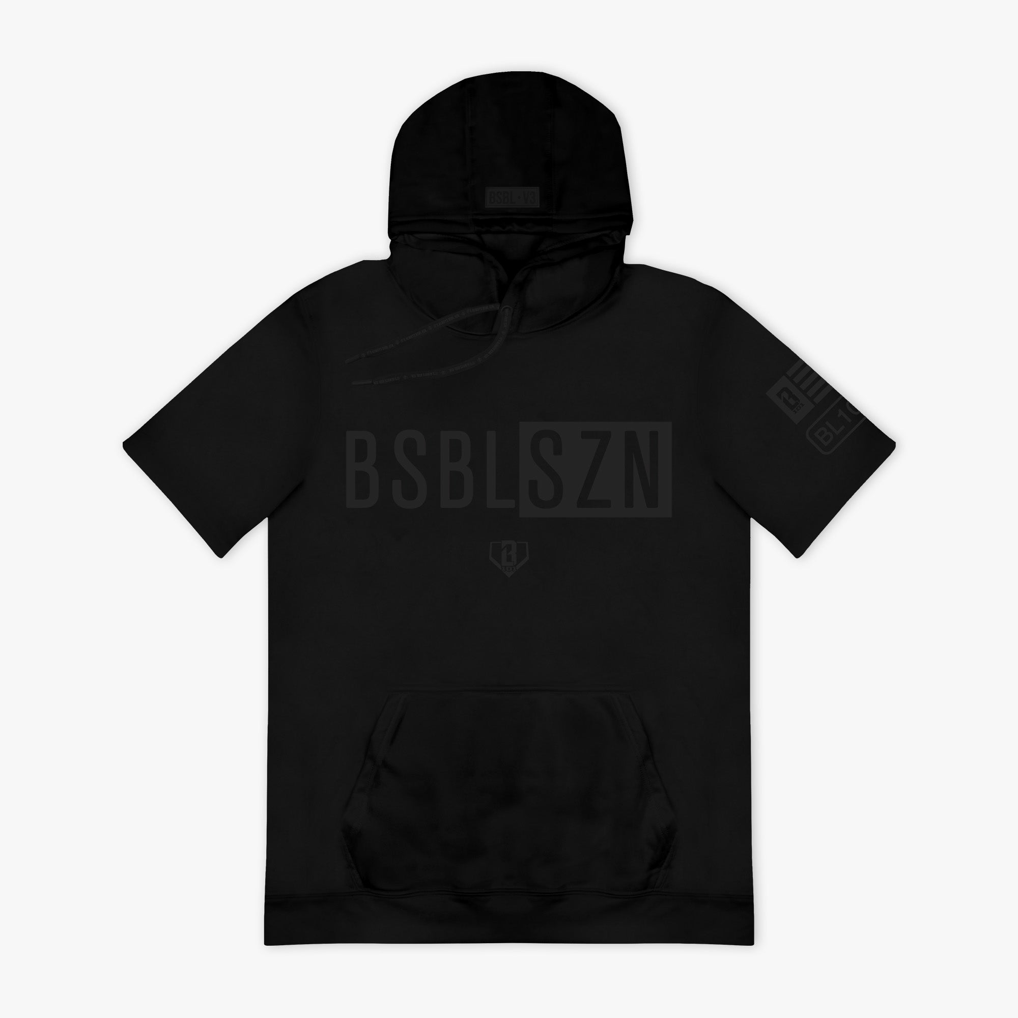 Black hoodie with black 'BSBL SZN' text and logos on a white background