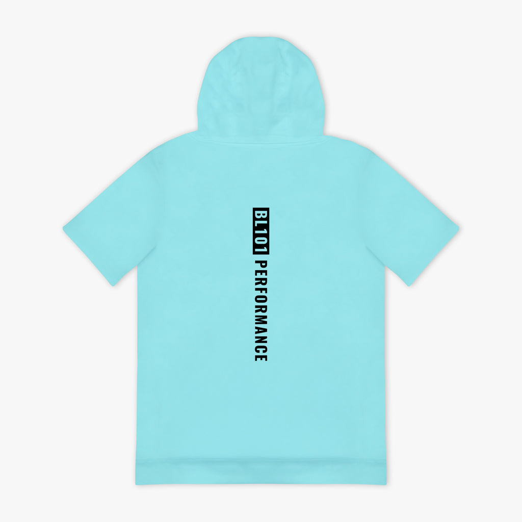 Light blue hoodie with black 'BL101 PERFORMANCE' text on a white background