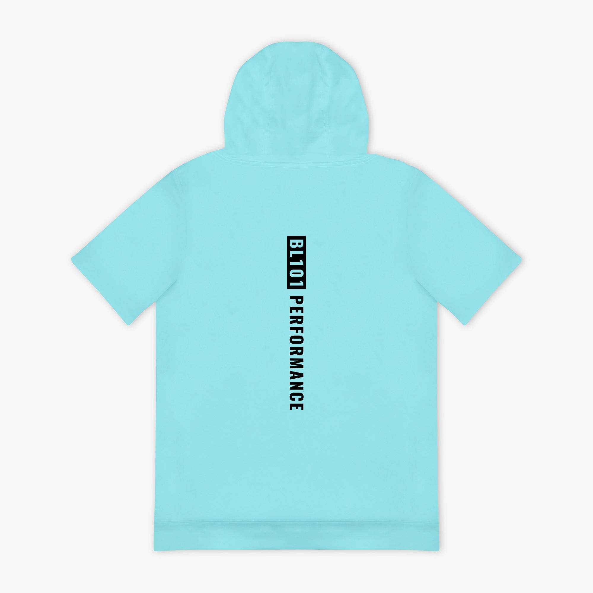 Light blue hoodie with black 'BL101 PERFORMANCE' text on a white background